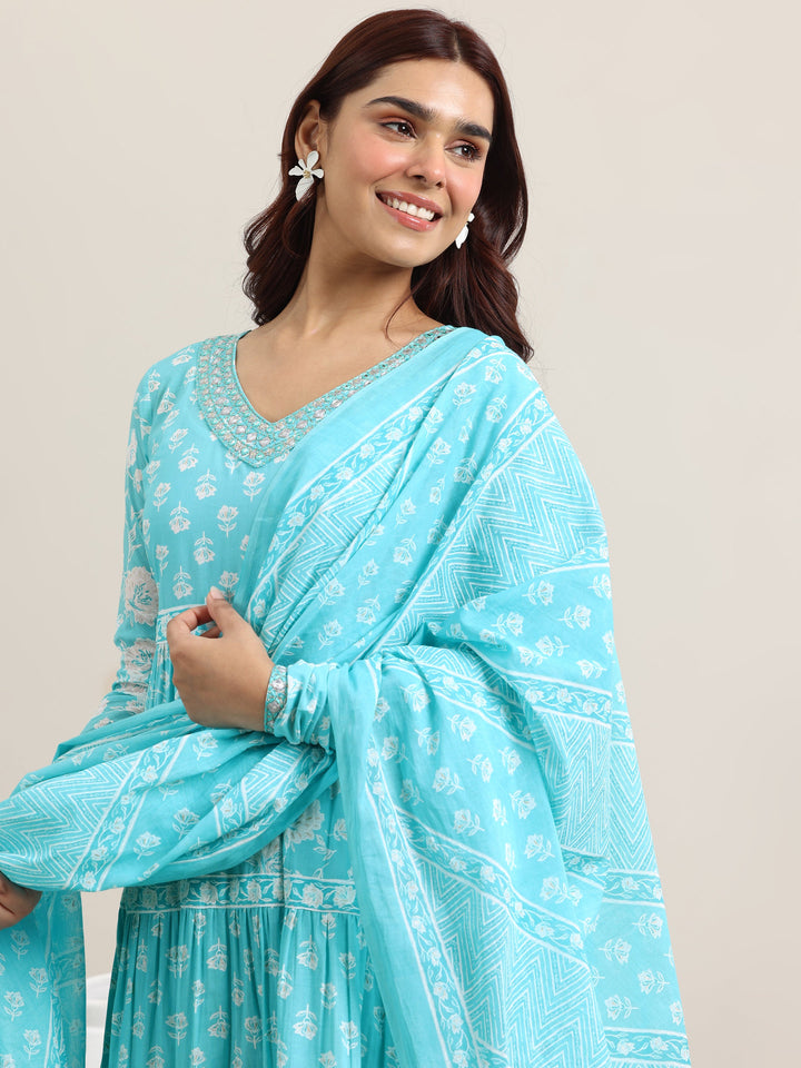 Blue Printed Cotton Anarkali Suit With Dupatta