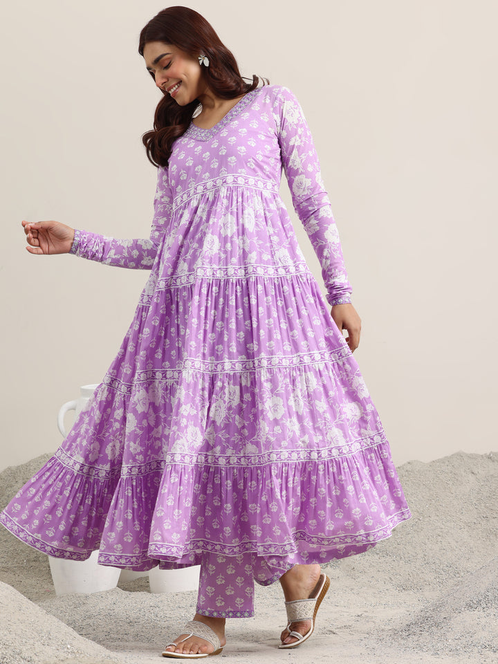 Lavender Printed Cotton Anarkali Suit With Dupatta