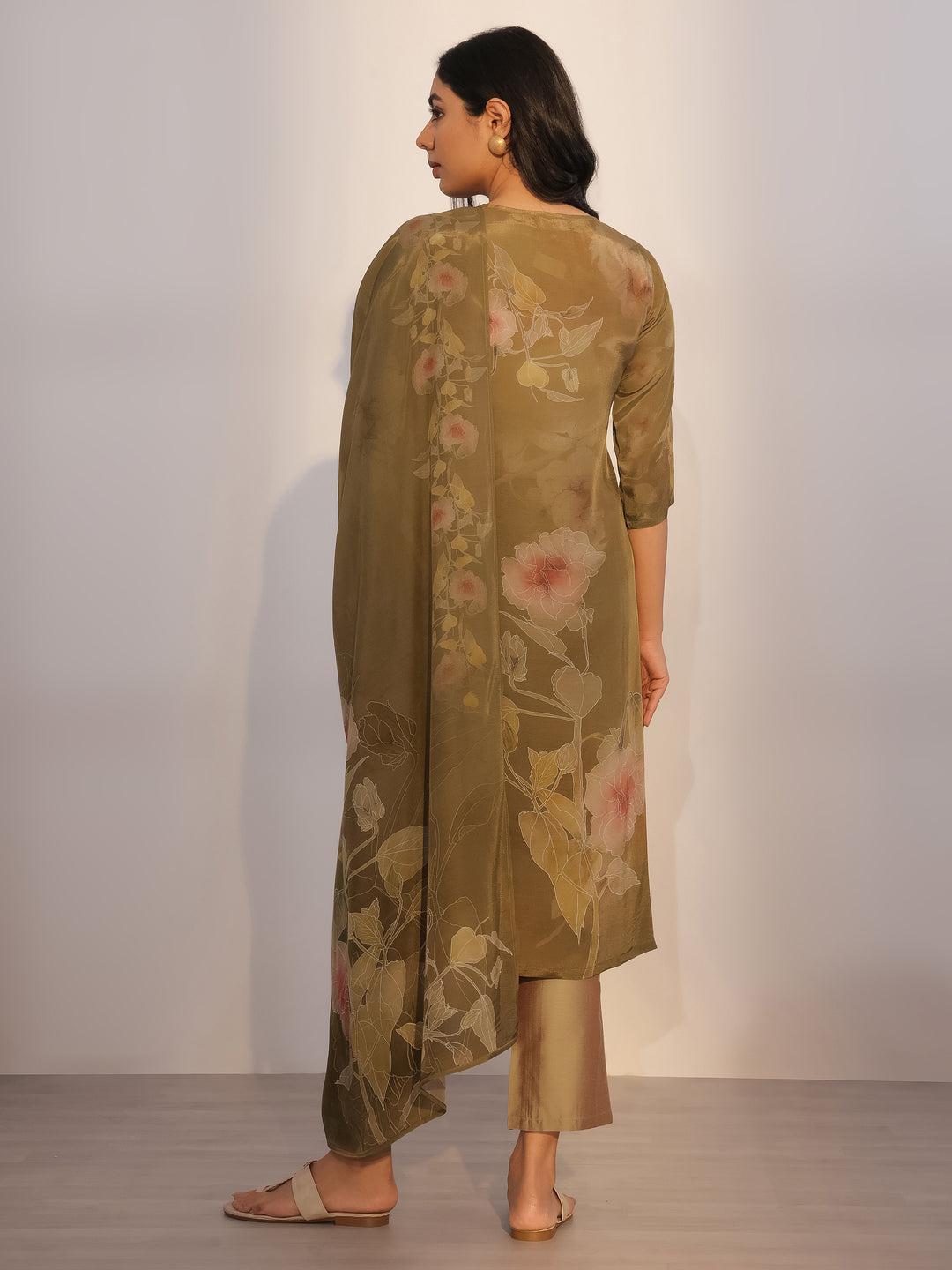 Olive Printed Silk Blend Straight Suit With Dupatta
