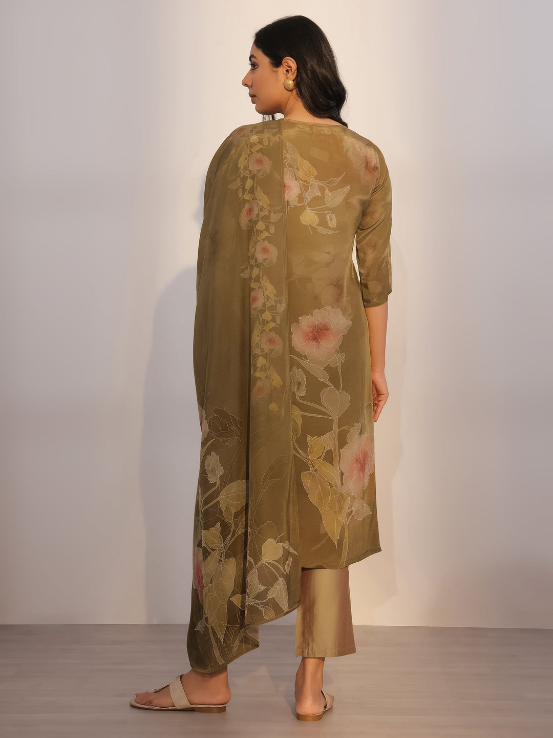 Olive Printed Silk Blend Straight Suit With Dupatta