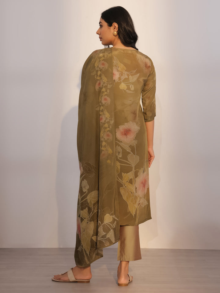Olive Printed Silk Blend Straight Suit With Dupatta