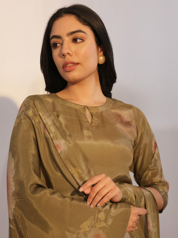 Olive Printed Silk Blend Straight Suit With Dupatta