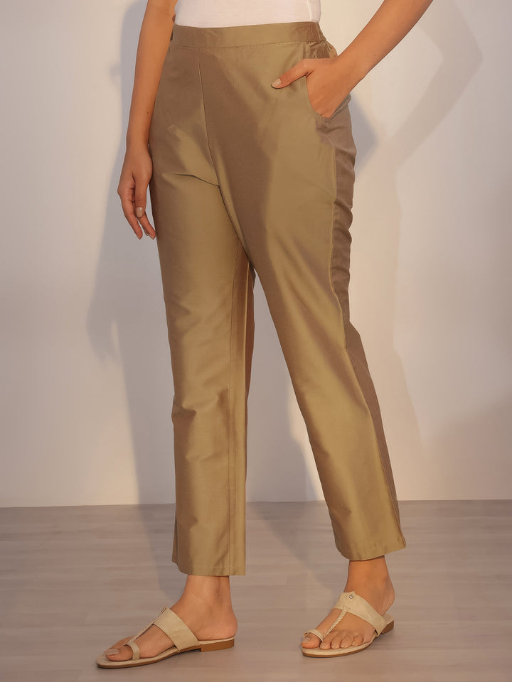 Olive Printed Silk Blend Straight Suit With Dupatta