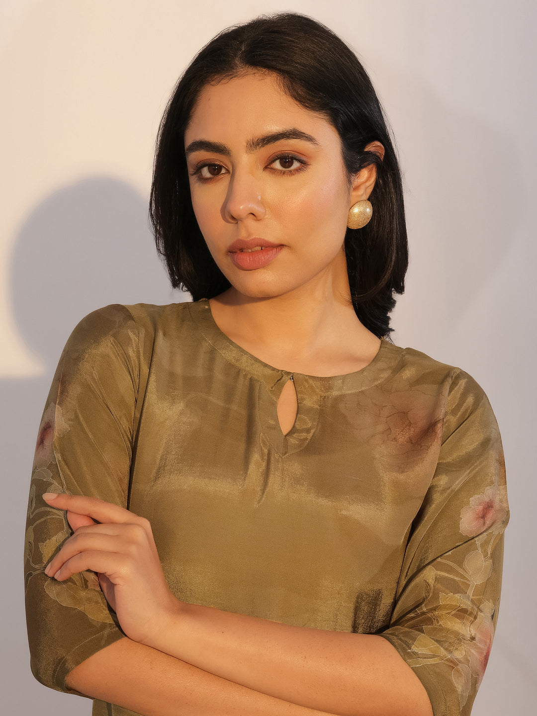 Olive Printed Silk Blend Straight Suit With Dupatta