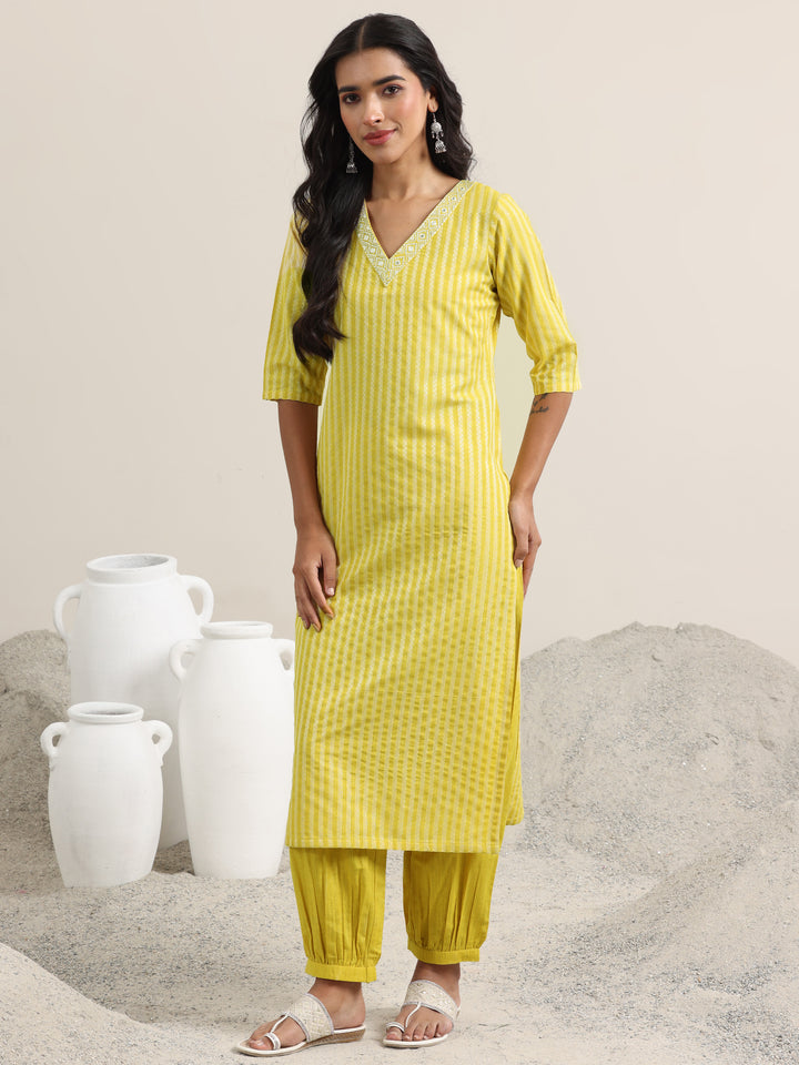 Yellow Woven Design Cotton Straight Suit With Dupatta
