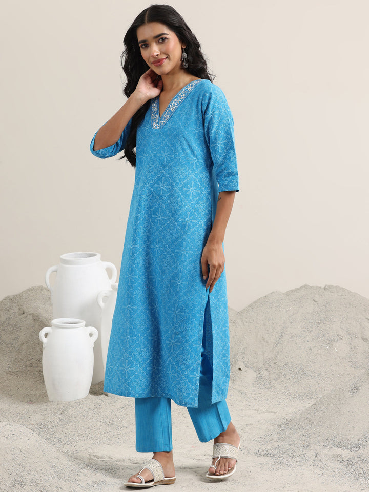 Blue Printed Cotton Straight Suit With Dupatta