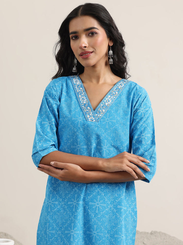 Blue Printed Cotton Straight Suit With Dupatta