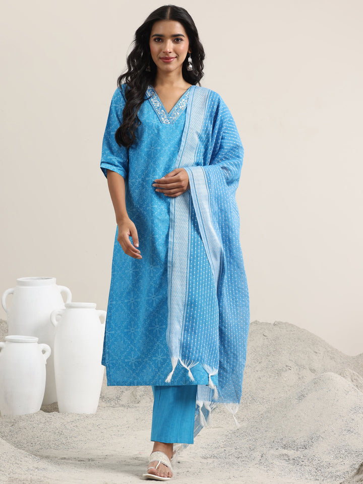 Blue Printed Cotton Straight Suit With Dupatta