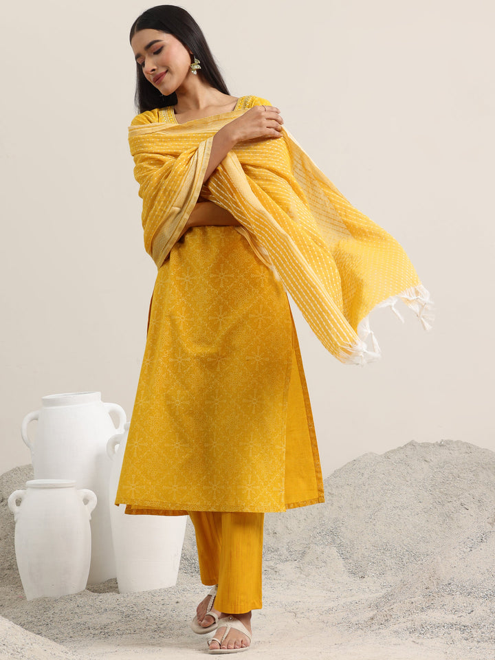 Yellow Printed Cotton Straight Suit With Dupatta