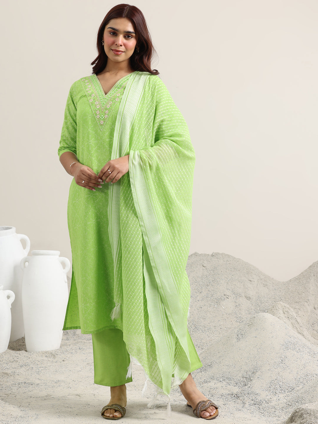 Green Printed Cotton Straight Suit With Dupatta