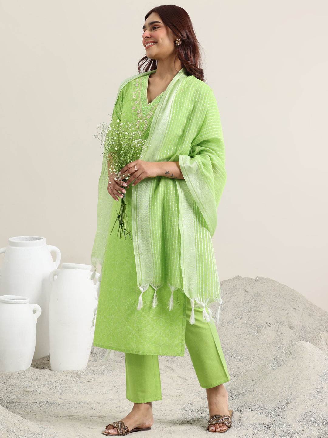 Green Printed Cotton Straight Suit With Dupatta