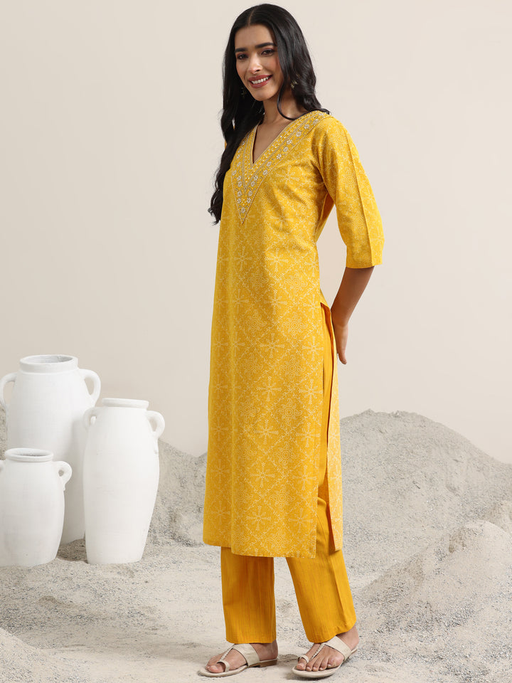 Yellow Printed Cotton Straight Suit With Dupatta