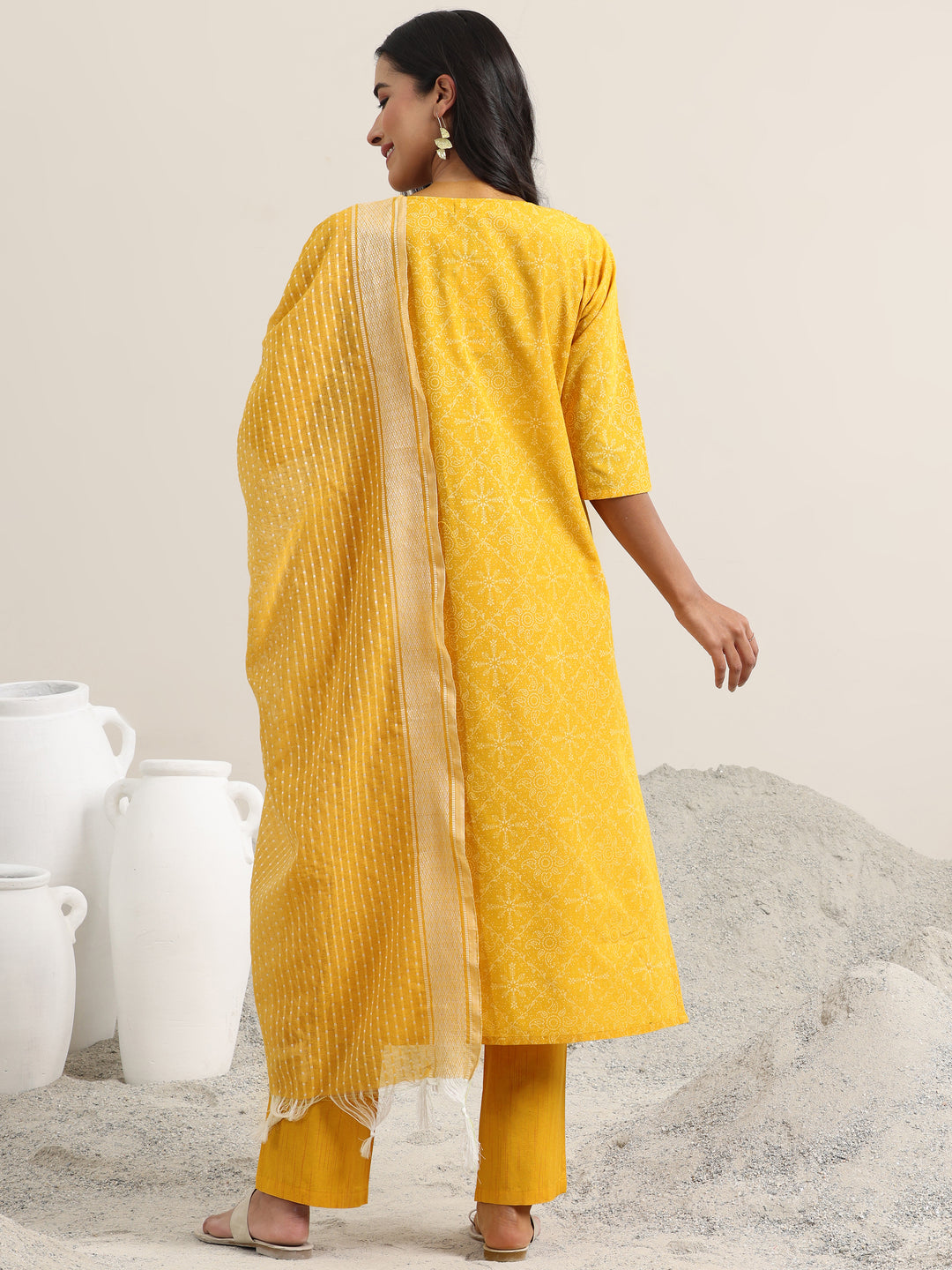 Yellow Printed Cotton Straight Suit With Dupatta