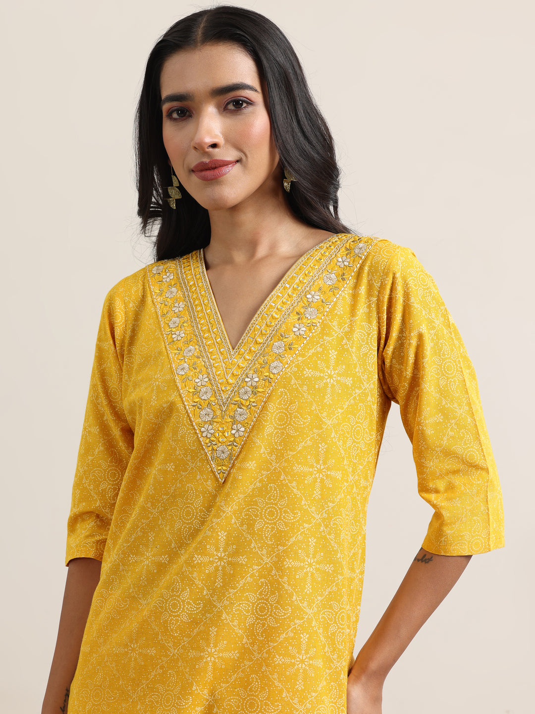 Yellow Printed Cotton Straight Suit With Dupatta