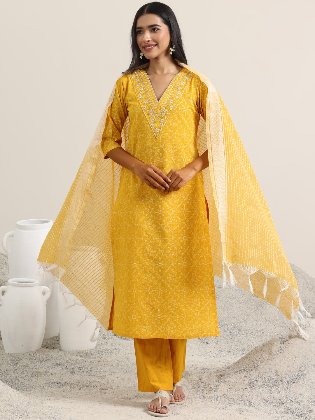 Yellow Printed Cotton Straight Suit With Dupatta