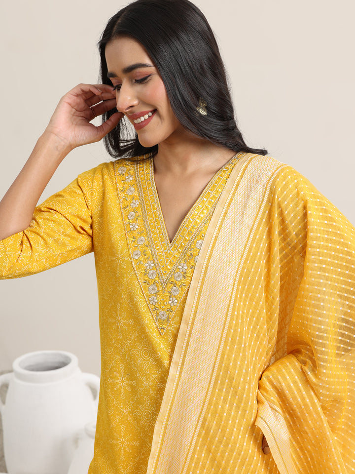 Yellow Printed Cotton Straight Suit With Dupatta