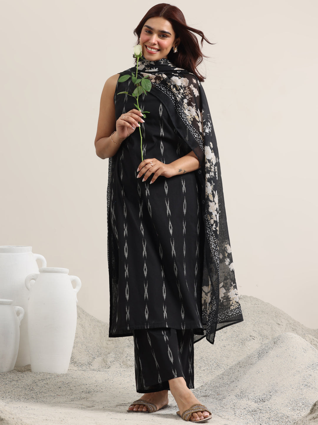 Black Woven Design Cotton Straight Suit With Dupatta