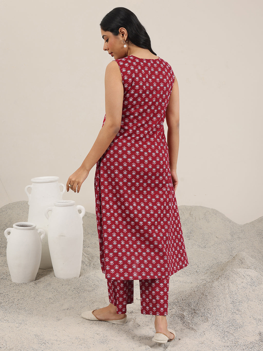 Maroon Printed Pure Cotton A-Line Kurta Set