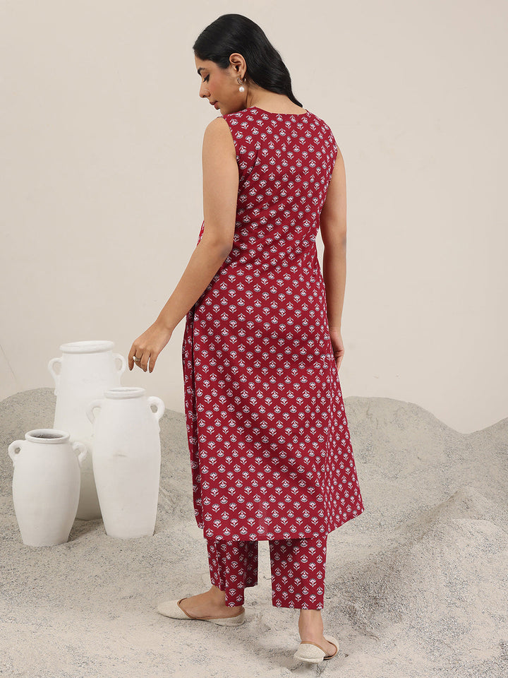 Maroon Printed Pure Cotton A-Line Kurta Set
