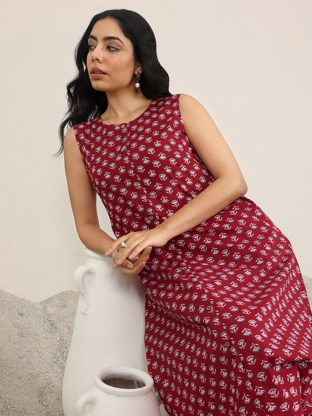 Maroon Printed Pure Cotton A-Line Kurta Set
