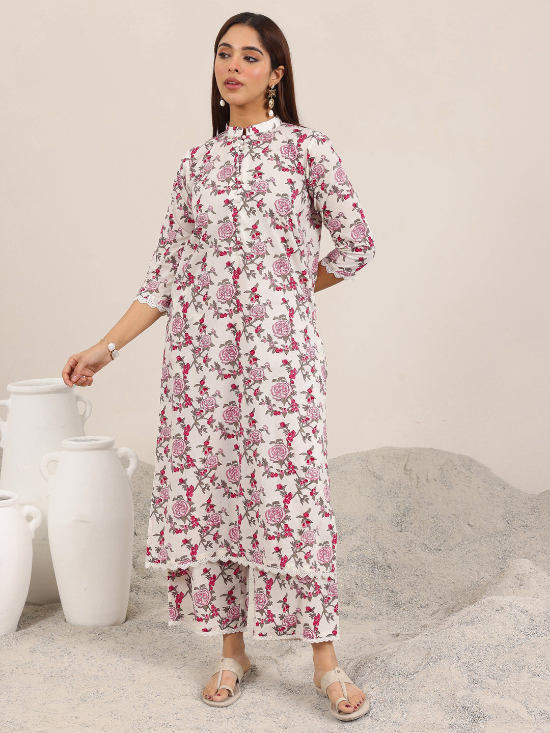 Off White Printed Pure Cotton Straight Kurta Set