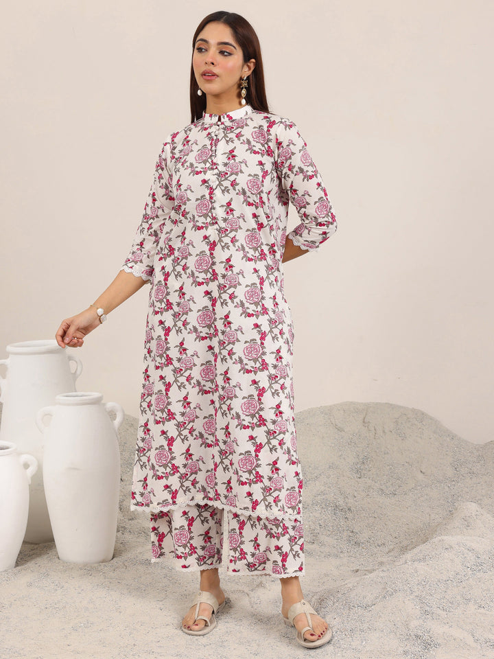 Off White Printed Pure Cotton Straight Kurta Set