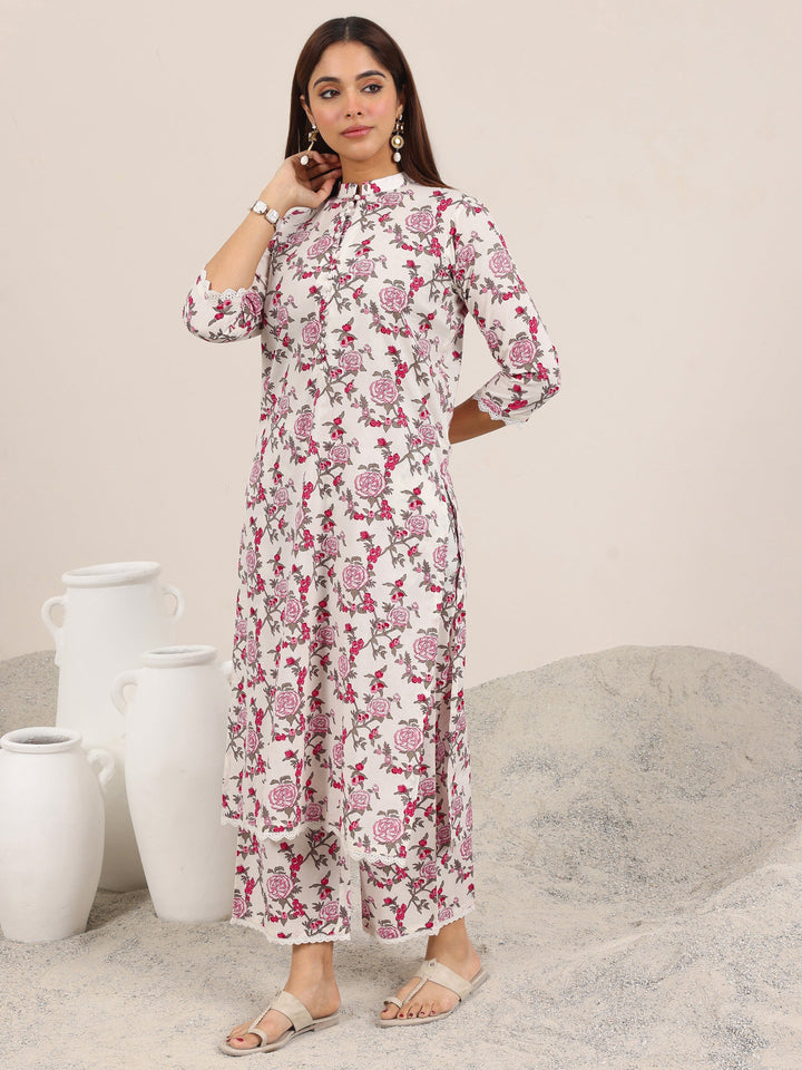 Off White Printed Pure Cotton Straight Kurta Set