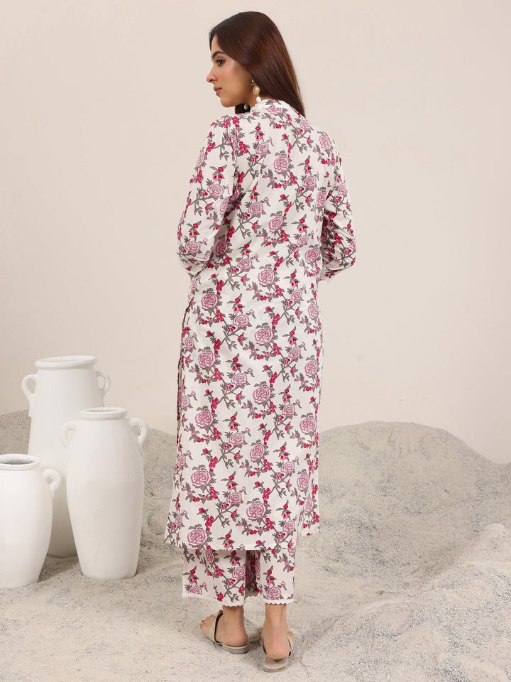 Off White Printed Pure Cotton Straight Kurta Set