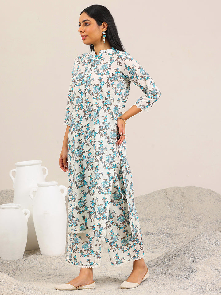 Off White Printed Pure Cotton Straight Kurta Set