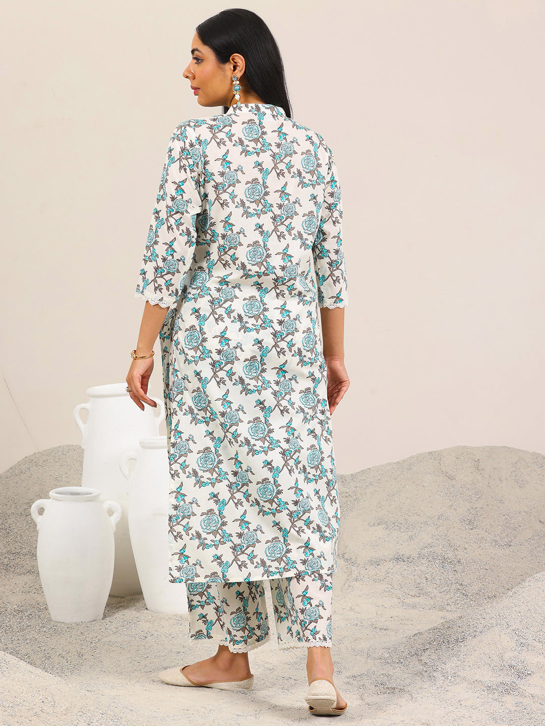 Off White Printed Pure Cotton Straight Kurta Set
