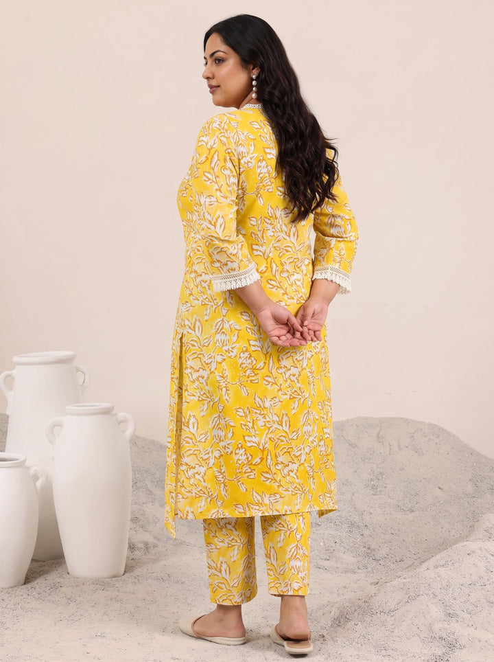Plus Size Mustard Floral Printed Cotton Kurta Set