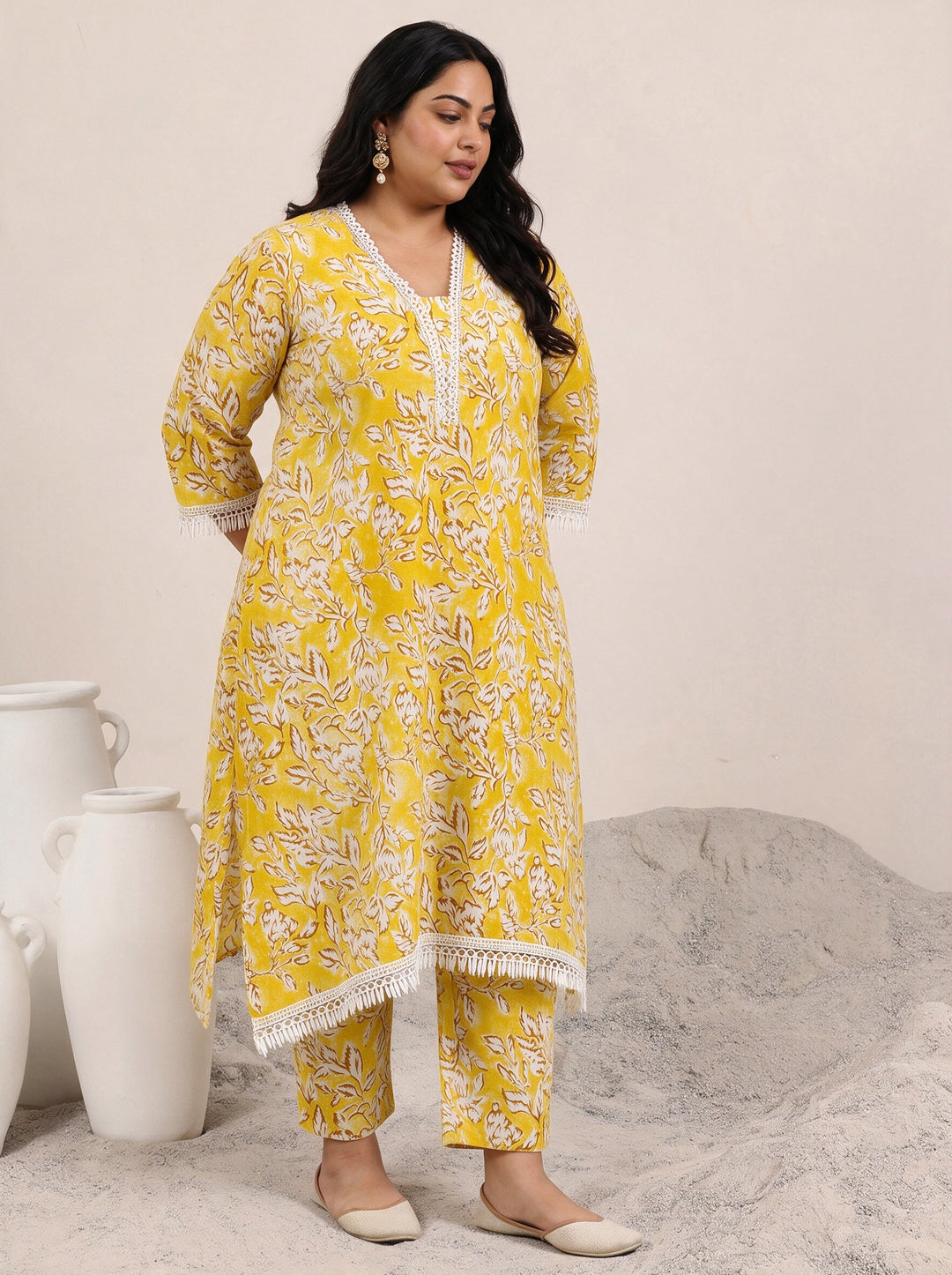 Plus Size Mustard Floral Printed Cotton Kurta Set