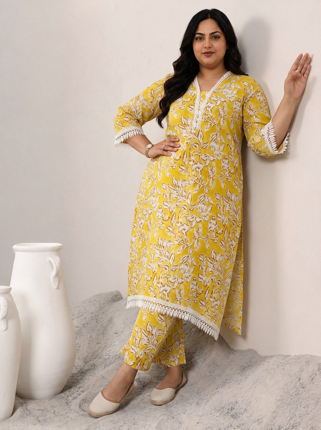 Plus Size Mustard Floral Printed Cotton Kurta Set