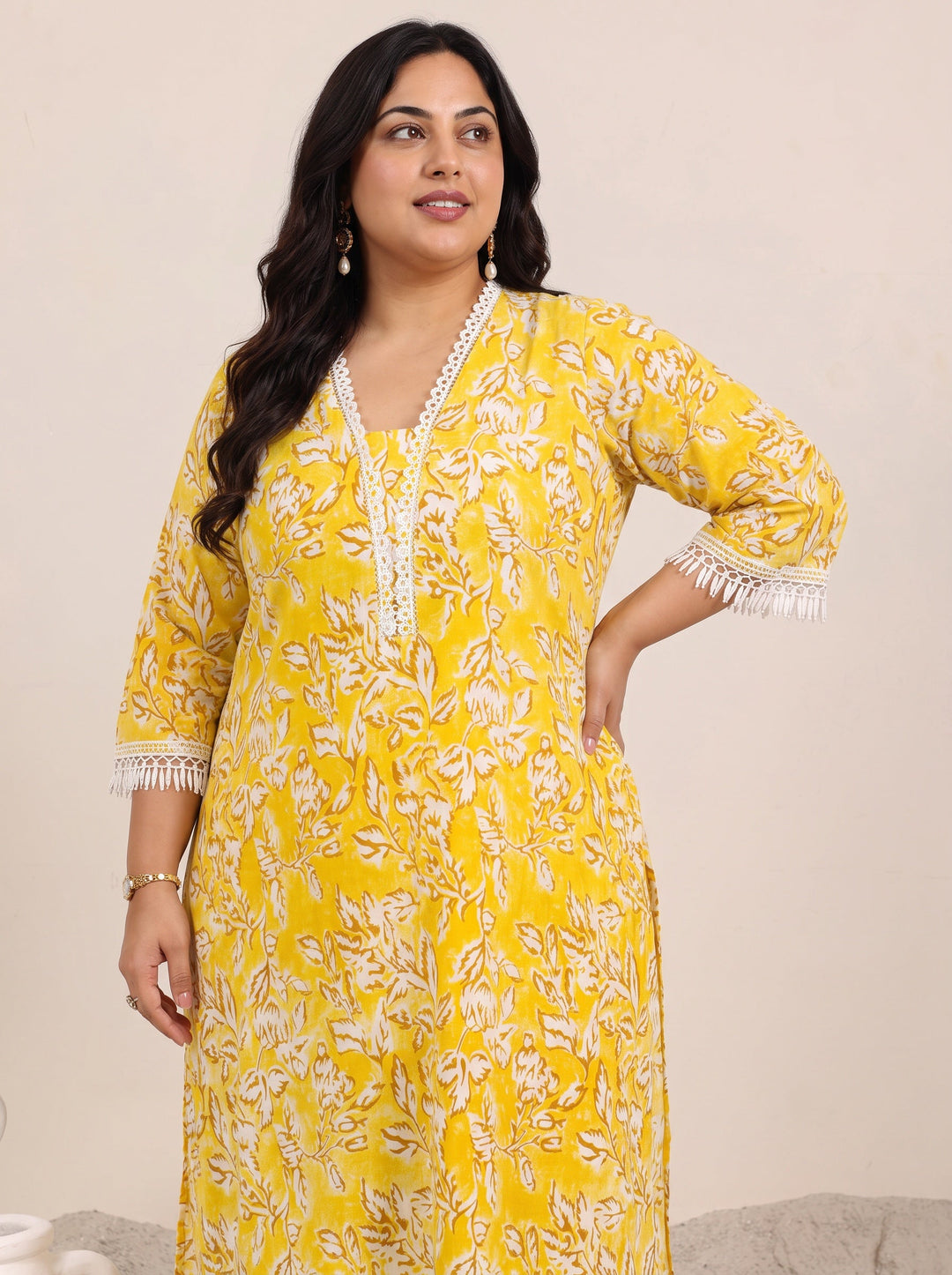 Plus Size Mustard Floral Printed Cotton Kurta Set