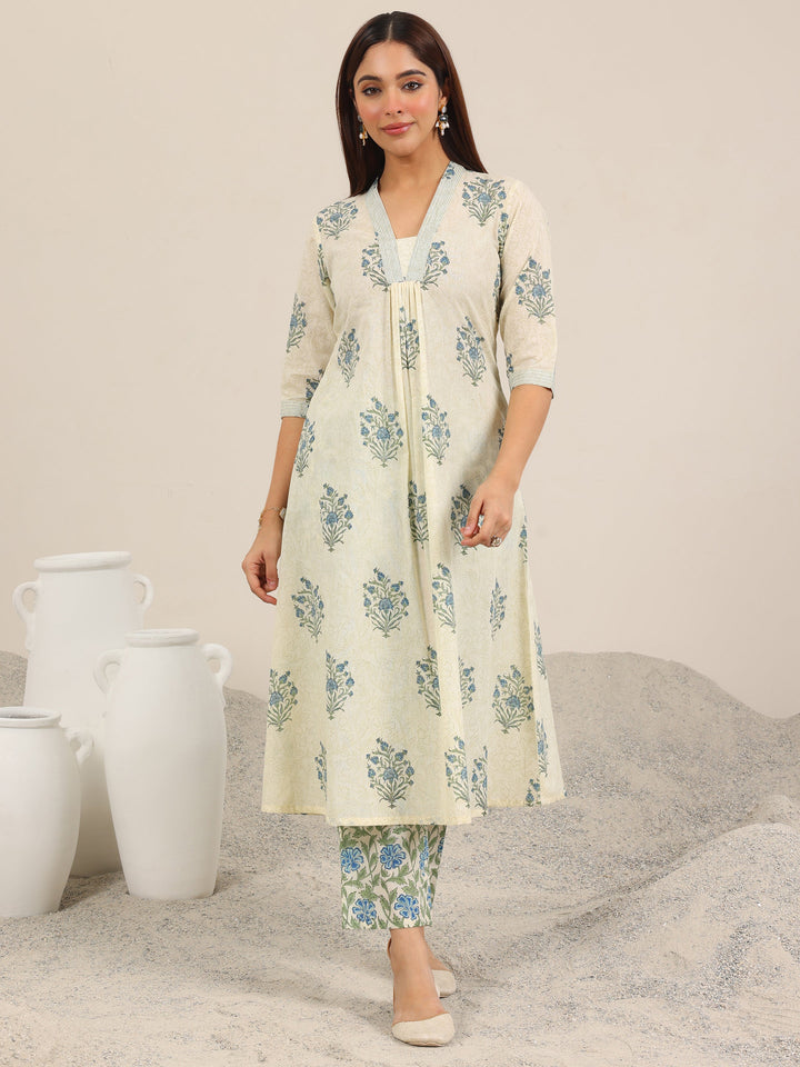 Off White Printed Pure Cotton A-Line Kurta Set