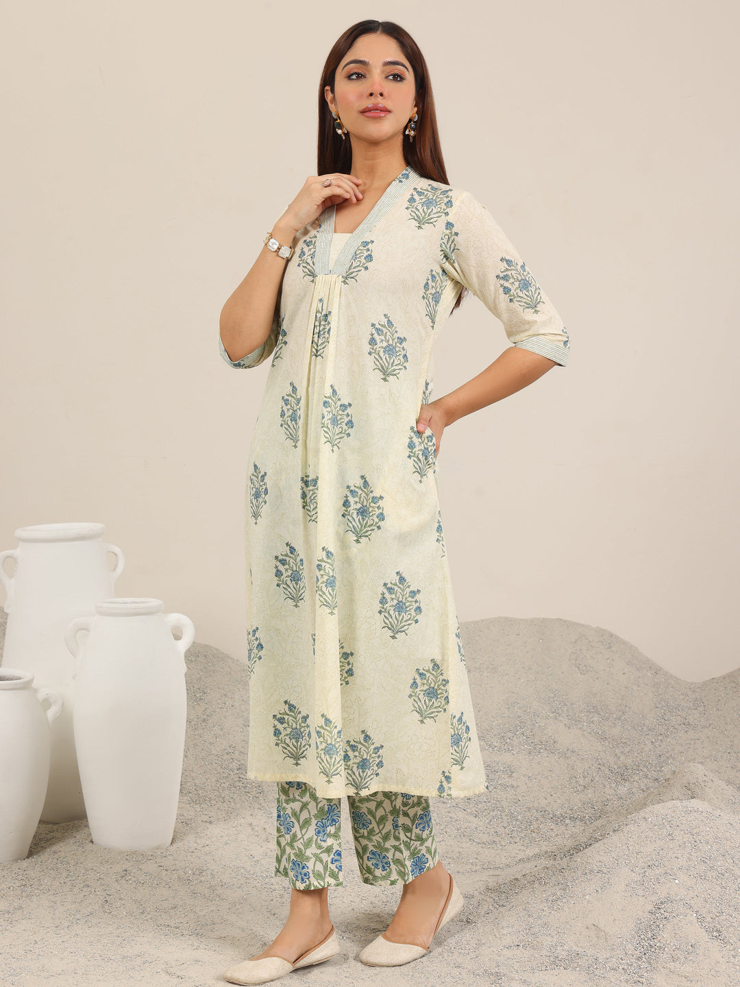 Off White Printed Pure Cotton A-Line Kurta Set