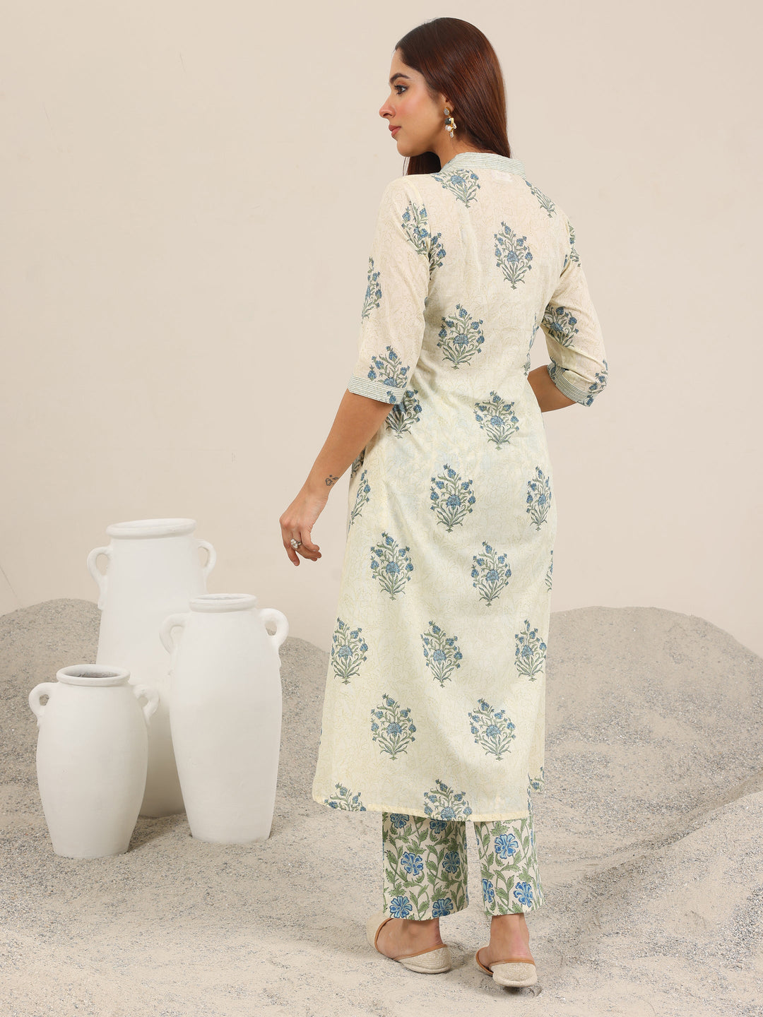Off White Printed Pure Cotton A-Line Kurta Set