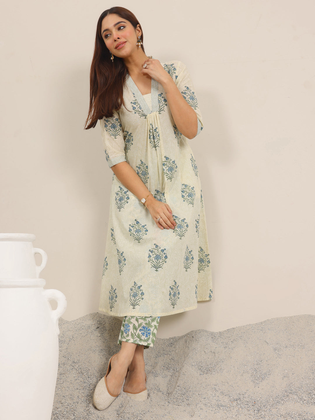 Libas Off White Printed Pure Cotton A-Line Kurta Set
