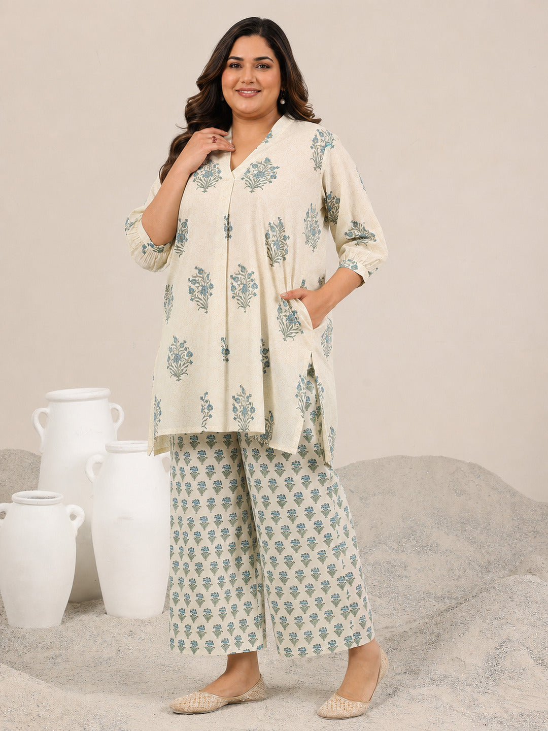 Plus Size Off White Printed Pure Cotton Straight Kurta Set
