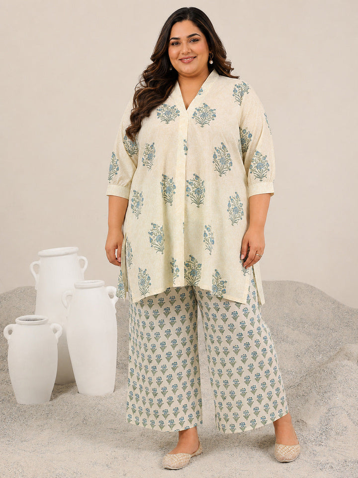 Plus Size Off White Printed Pure Cotton Straight Kurta Set