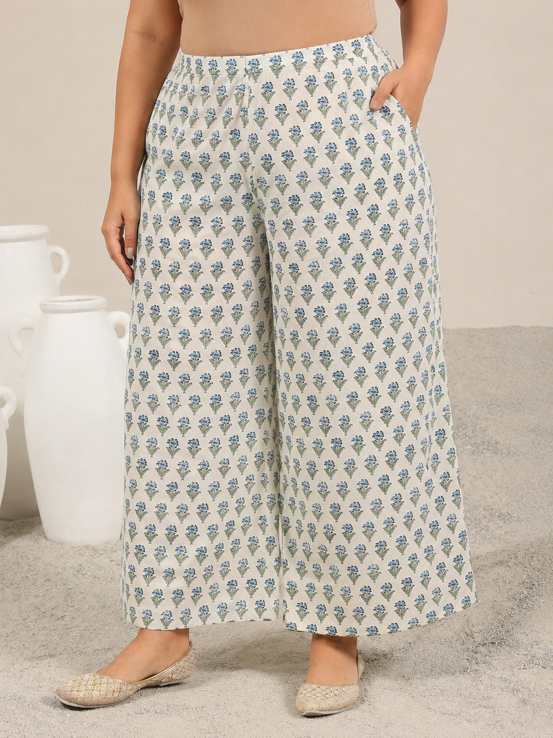 Plus Size Off White Printed Pure Cotton Straight Kurta Set