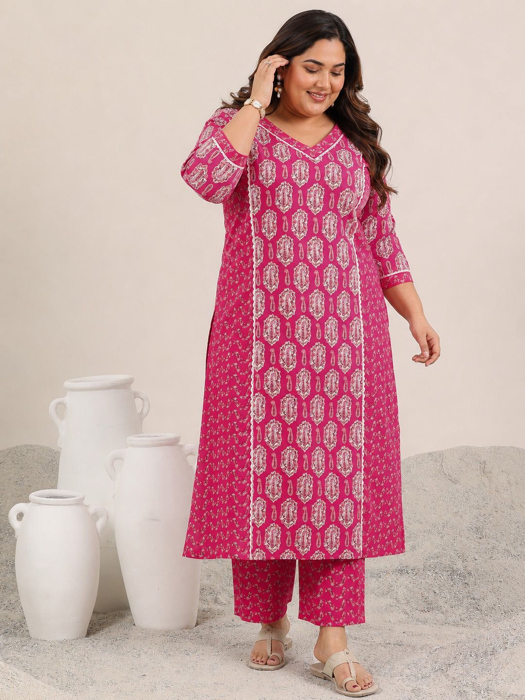 Plus Size Pink Printed Cotton Straight Kurta Set