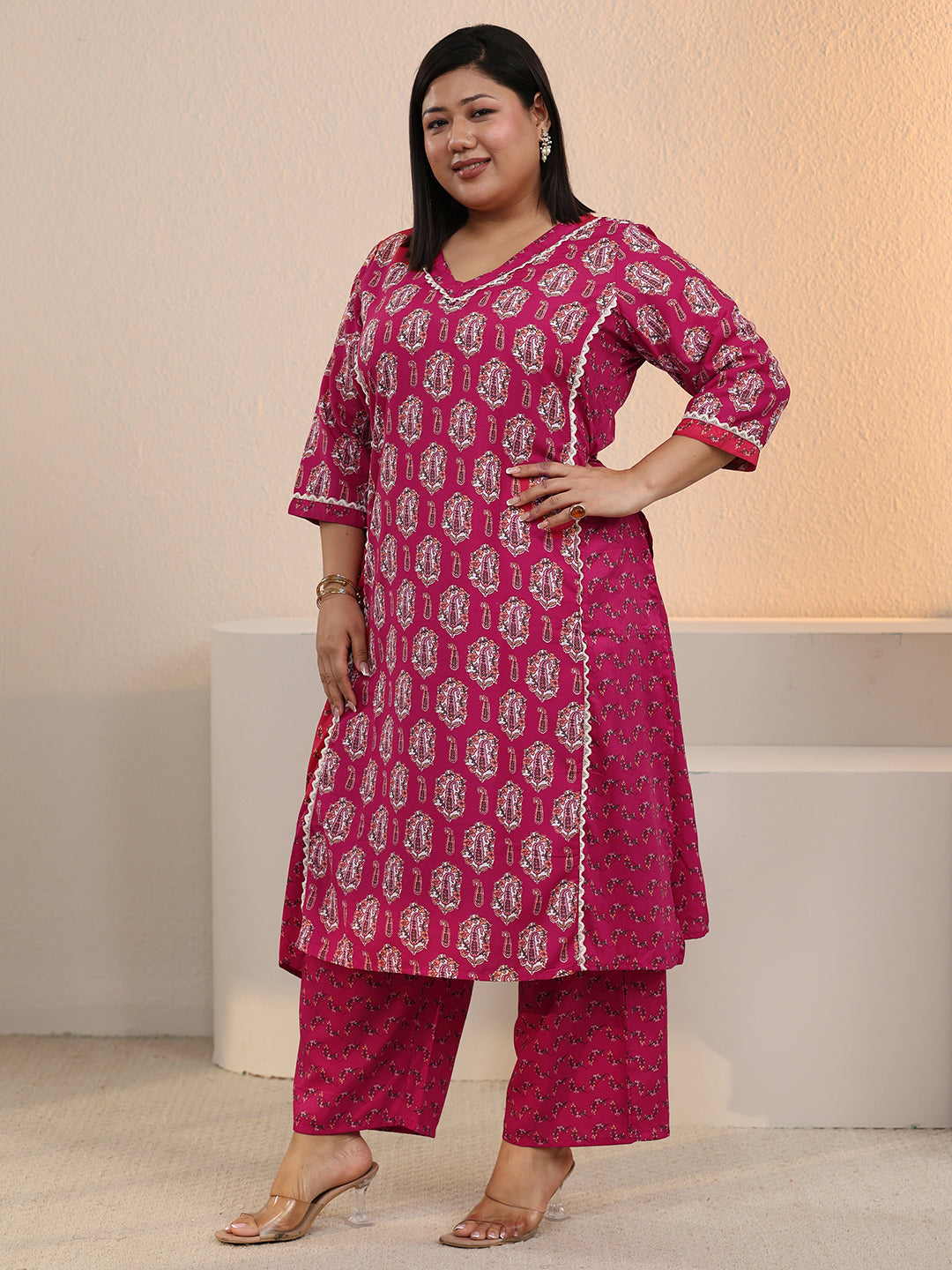 Plus Size Pink Printed Cotton Straight Kurta Set