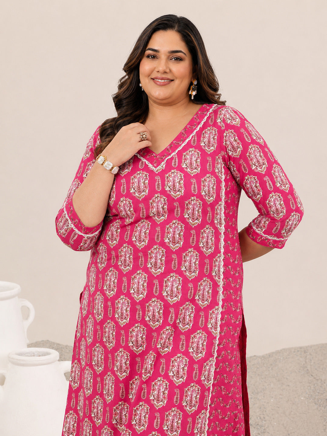 Plus Size Pink Printed Cotton Straight Kurta Set