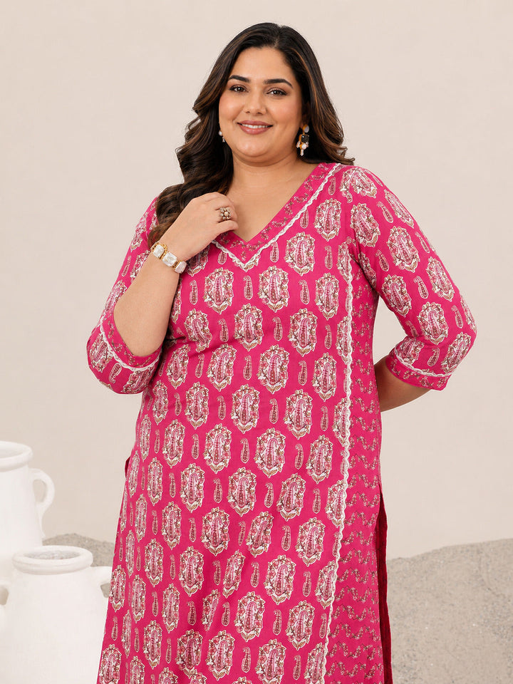 Plus Size Pink Printed Cotton Straight Kurta Set