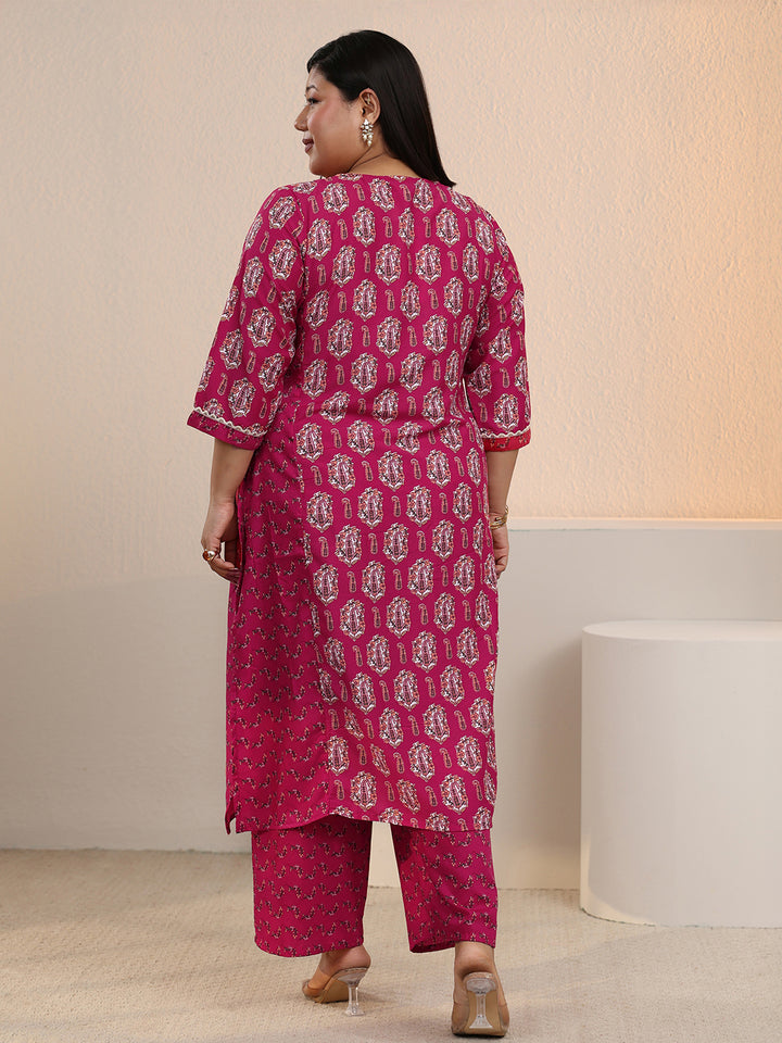 Plus Size Pink Printed Cotton Straight Kurta Set