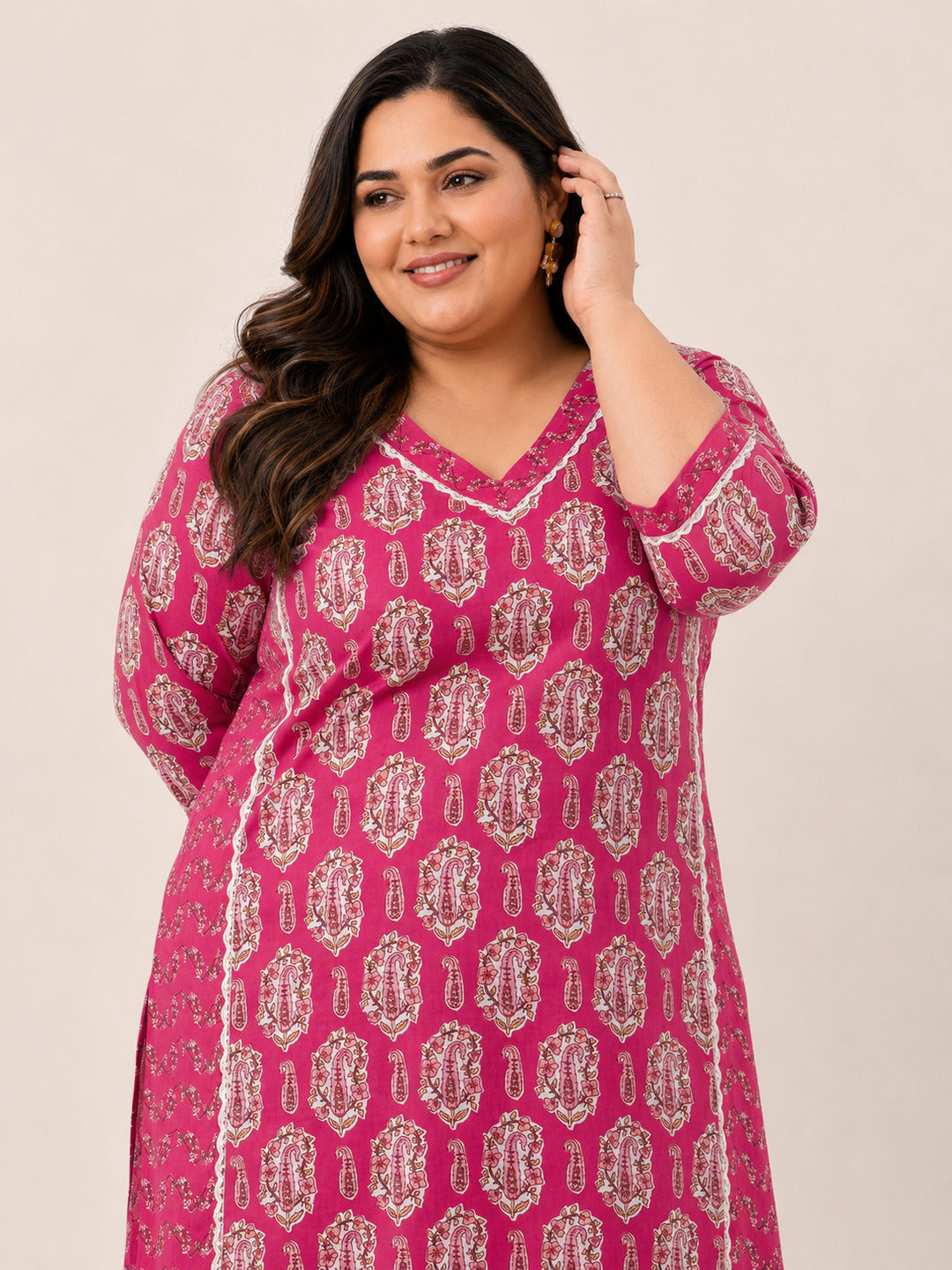 Plus Size Pink Printed Cotton Straight Kurta Set