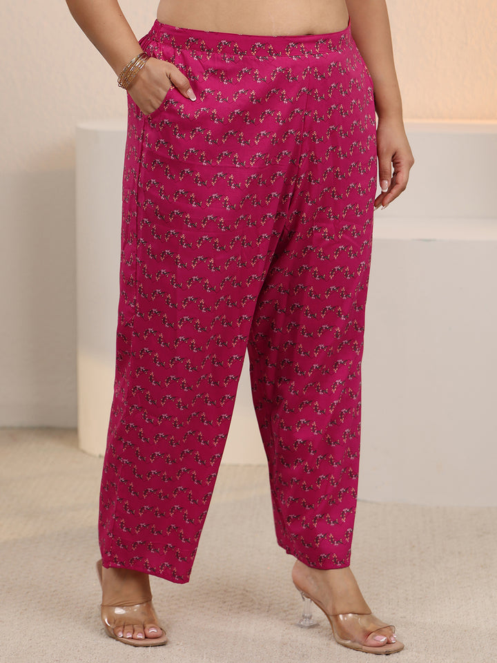 Plus Size Pink Printed Cotton Straight Kurta Set
