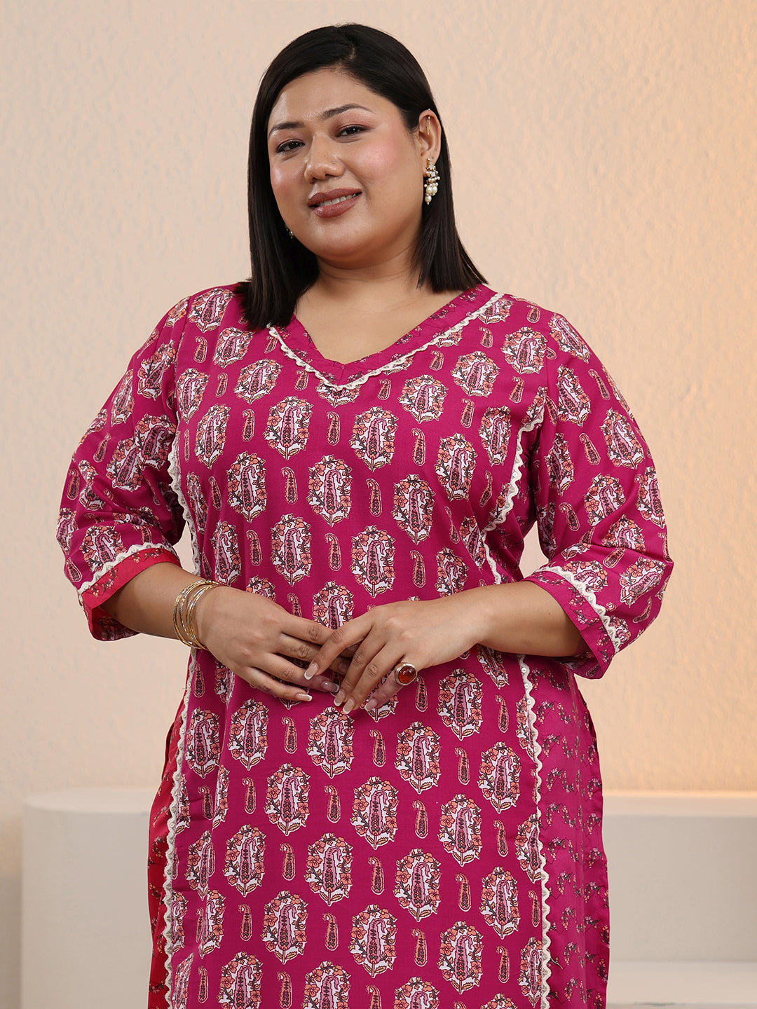 Plus Size Pink Printed Cotton Straight Kurta Set