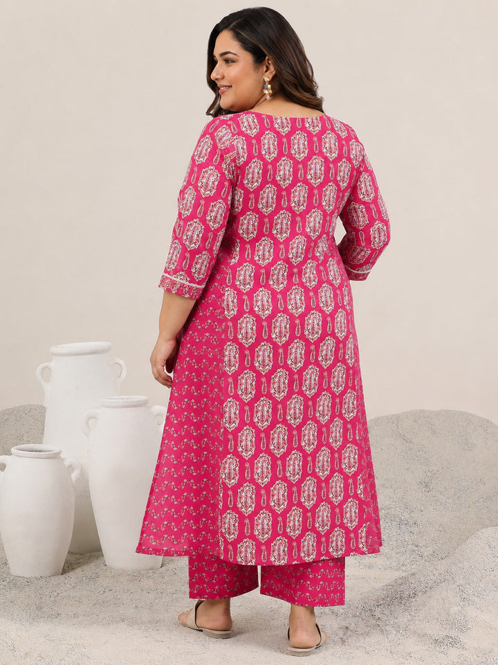 Plus Size Pink Printed Cotton Straight Kurta Set